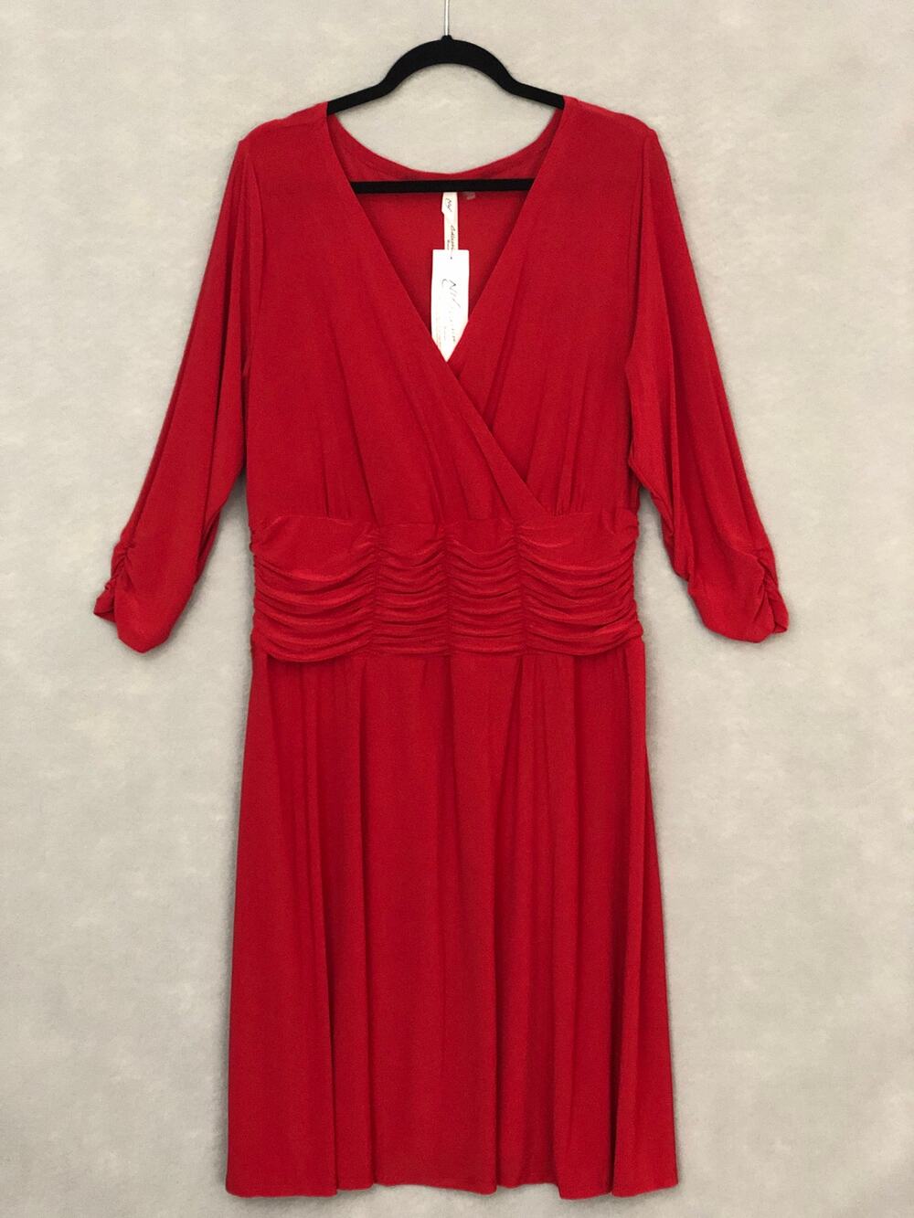 NY Collections Be Slim Dress V-Neck 3/4 Sleeve Red Women's 1X NEW
